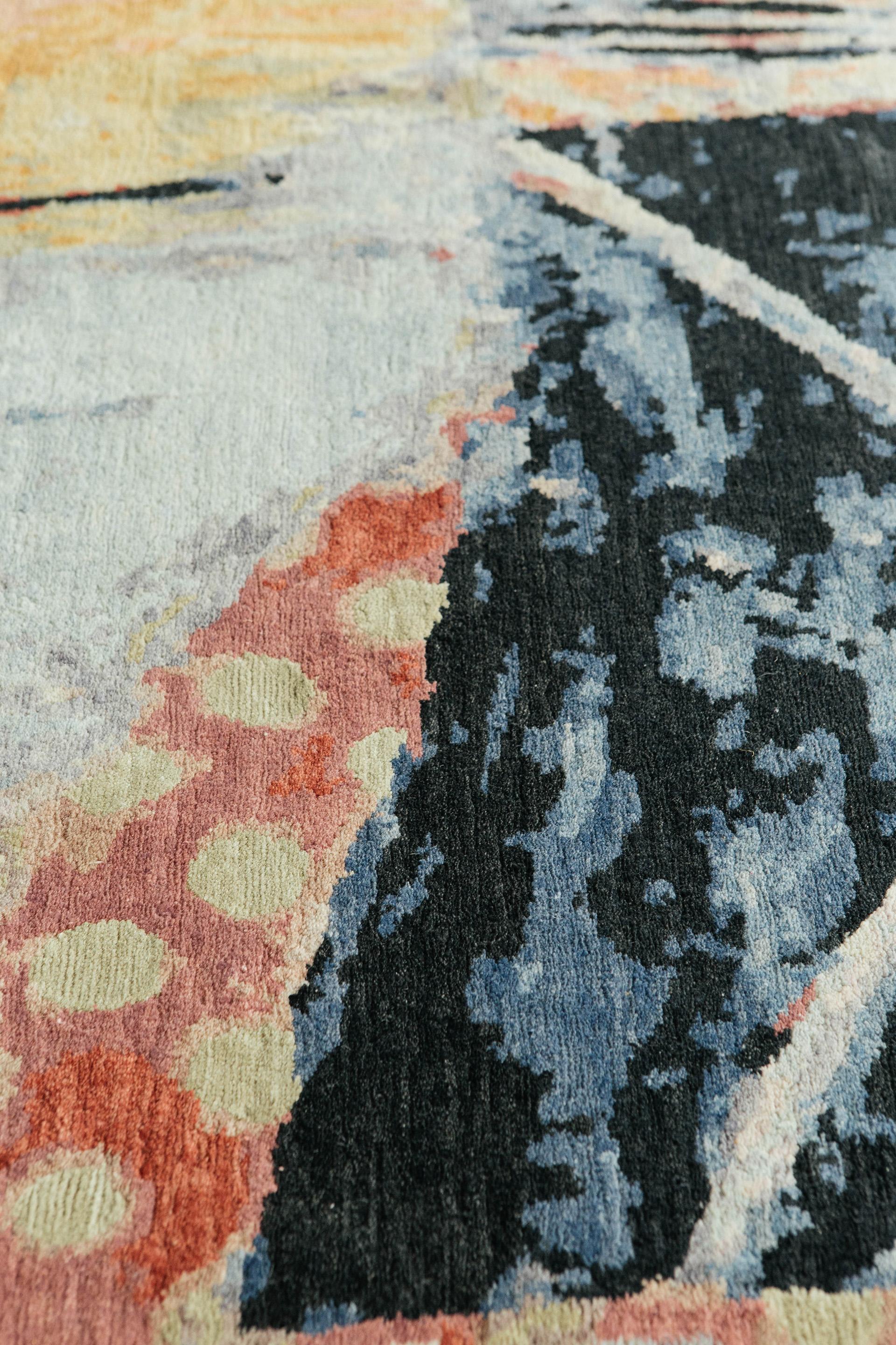 A colorful abstract piece that keeps one's eyes engaged and evokes passionate and positive vibes. Can you feel the +Energy in this wool and silk pile weave? We sure can.

Rug number 26450
Size: 8' 11