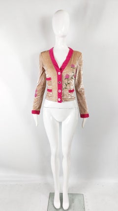 Voyage Passion Vintage y2k Pastel Crushed Peach Velvet Cardigan Jacket, 2000s