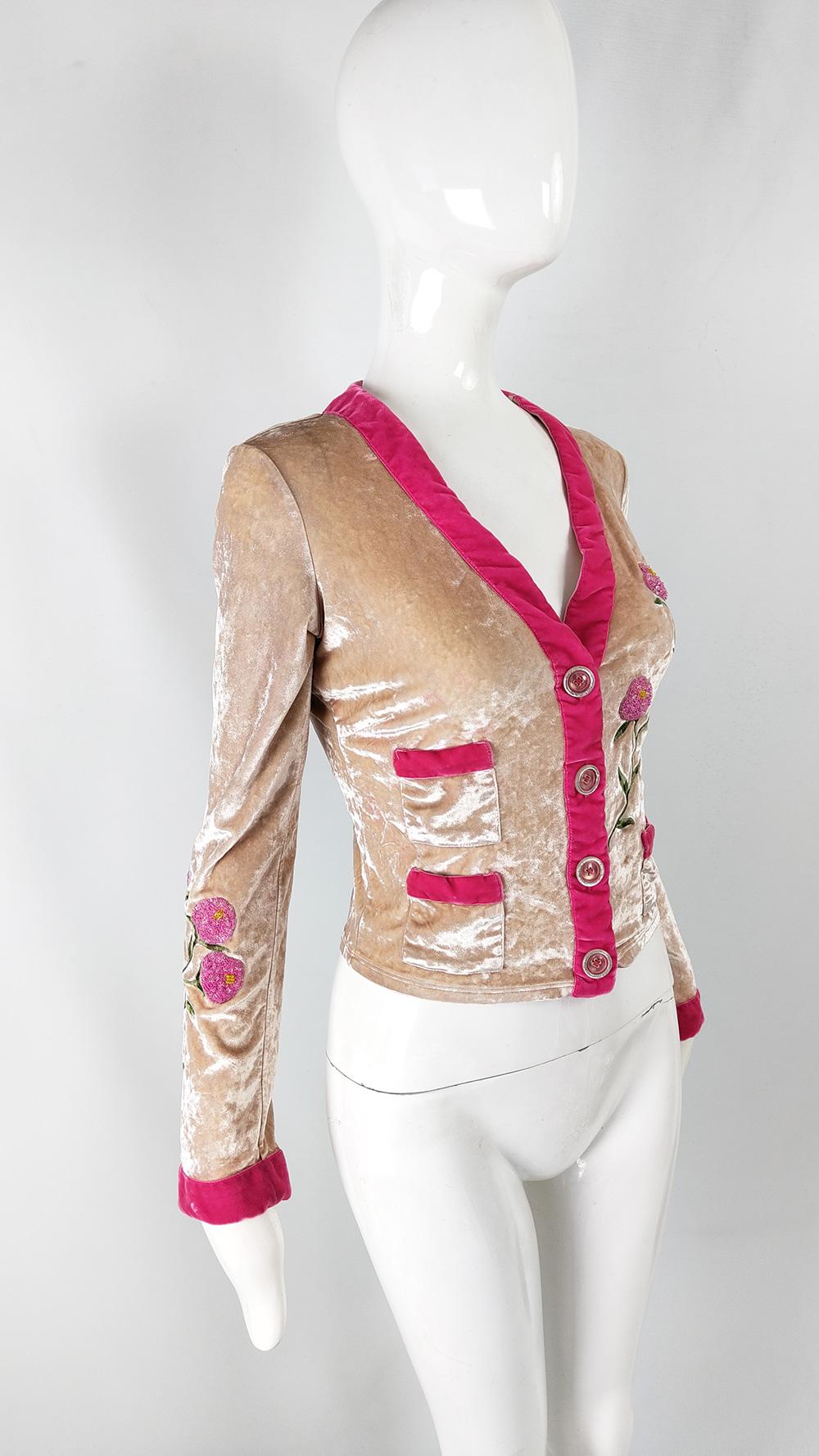 Women's Voyage Passion Vintage y2k Pastel Crushed Peach Velvet Cardigan Jacket, 2000s
