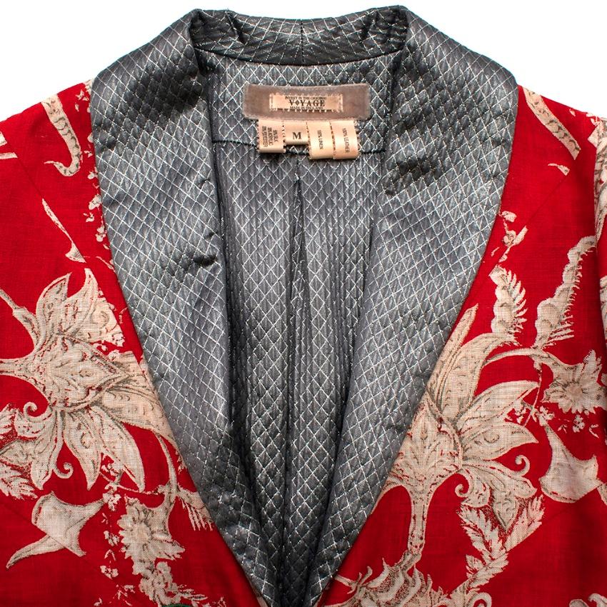 Voyage Red Linen Floral Butterfly Patch Vintage Coat - Size M In Excellent Condition In London, GB