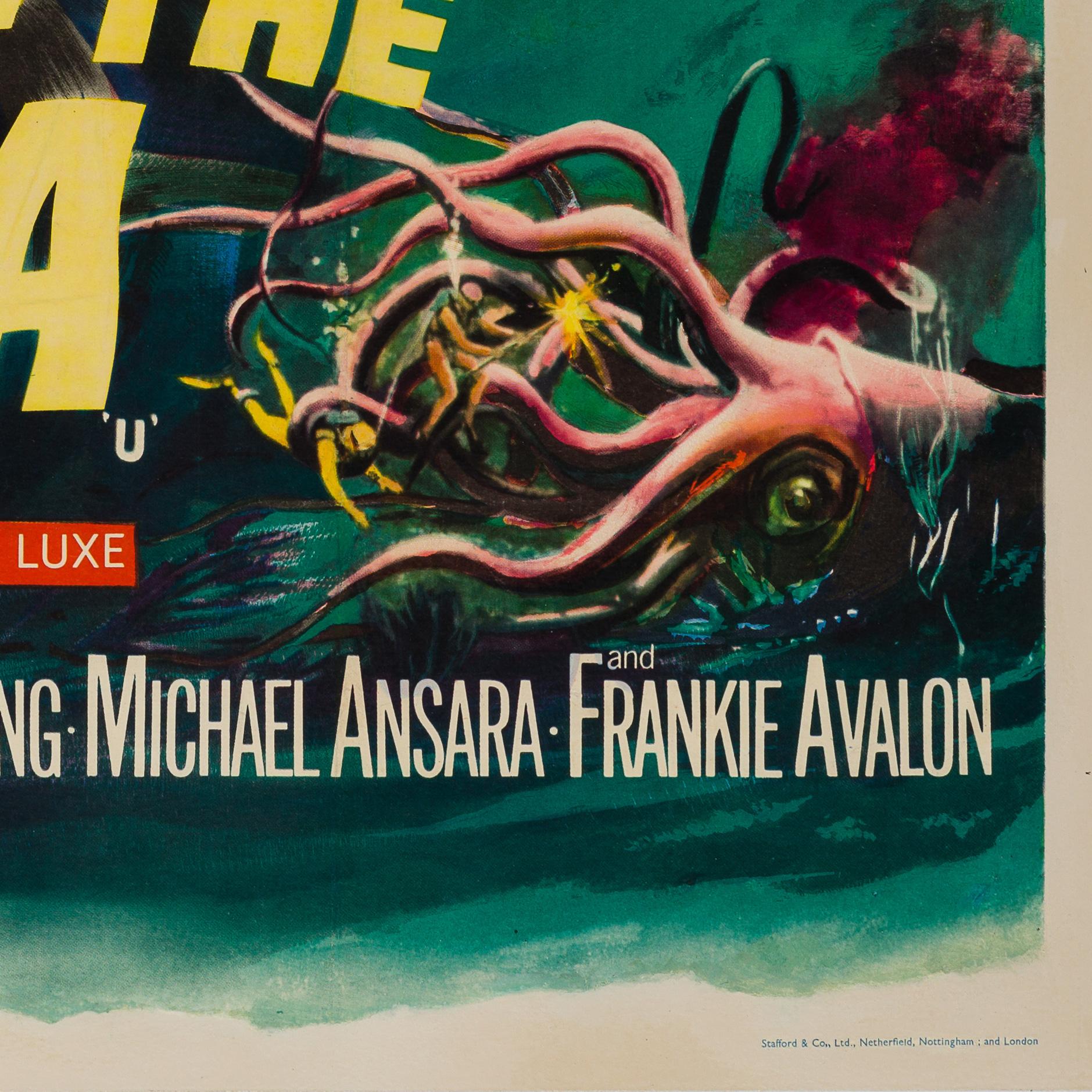 We love the colorful and dramatic artwork by Tom Chantrell for 1960s sci-fi classic Voyage to the Bottom of the Sea. A scare and wonderful poster.

Professionally cleaned, de-acidified and linen-backed. Poster is sized 30 x 40 inches (31 x 41