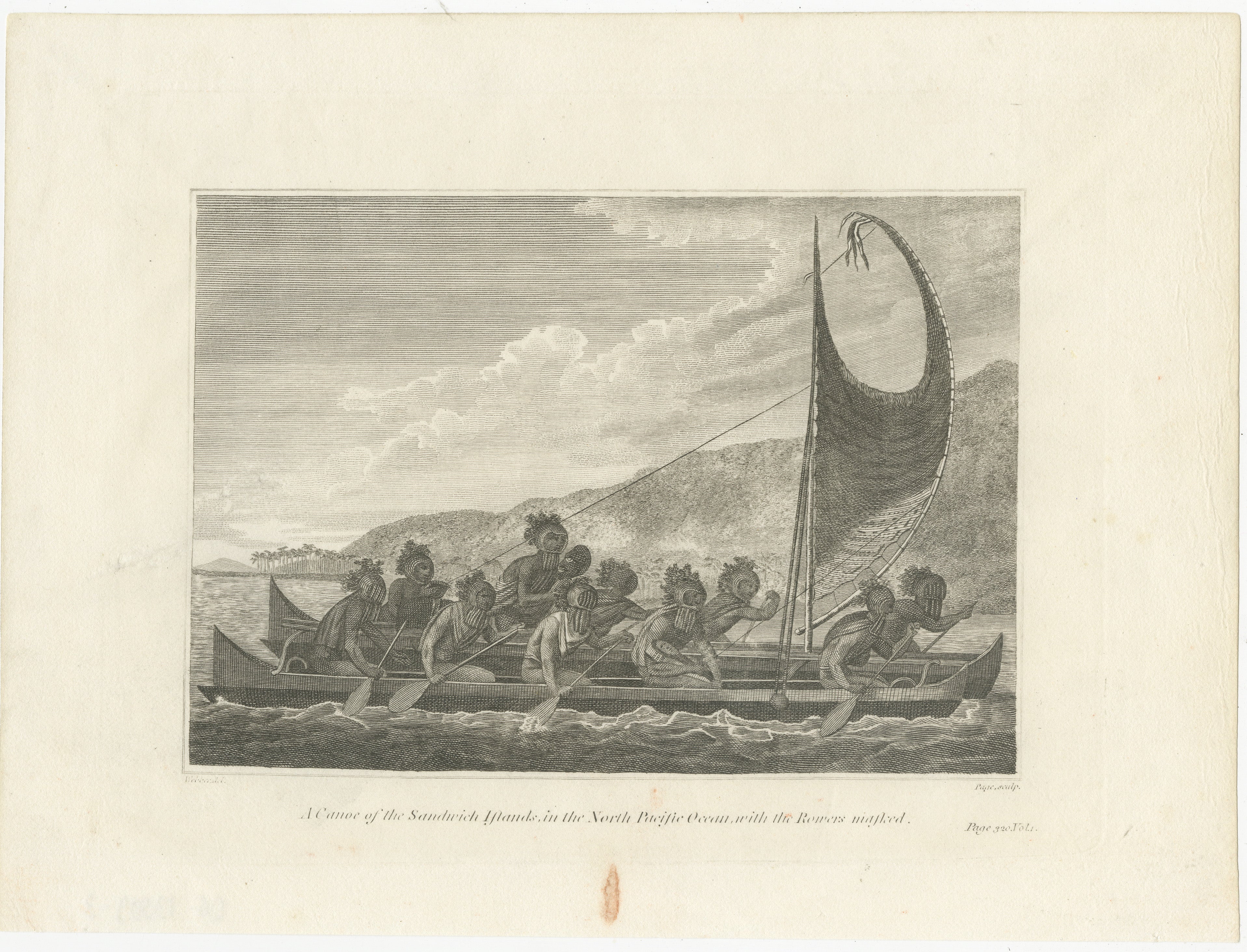 The engraving captures a moment of traditional Hawaiian life, portraying native Hawaiians maneuvering a war canoe. The presence of traditional masks emphasizes the cultural significance of the scene. This engraving, based on the original artwork by