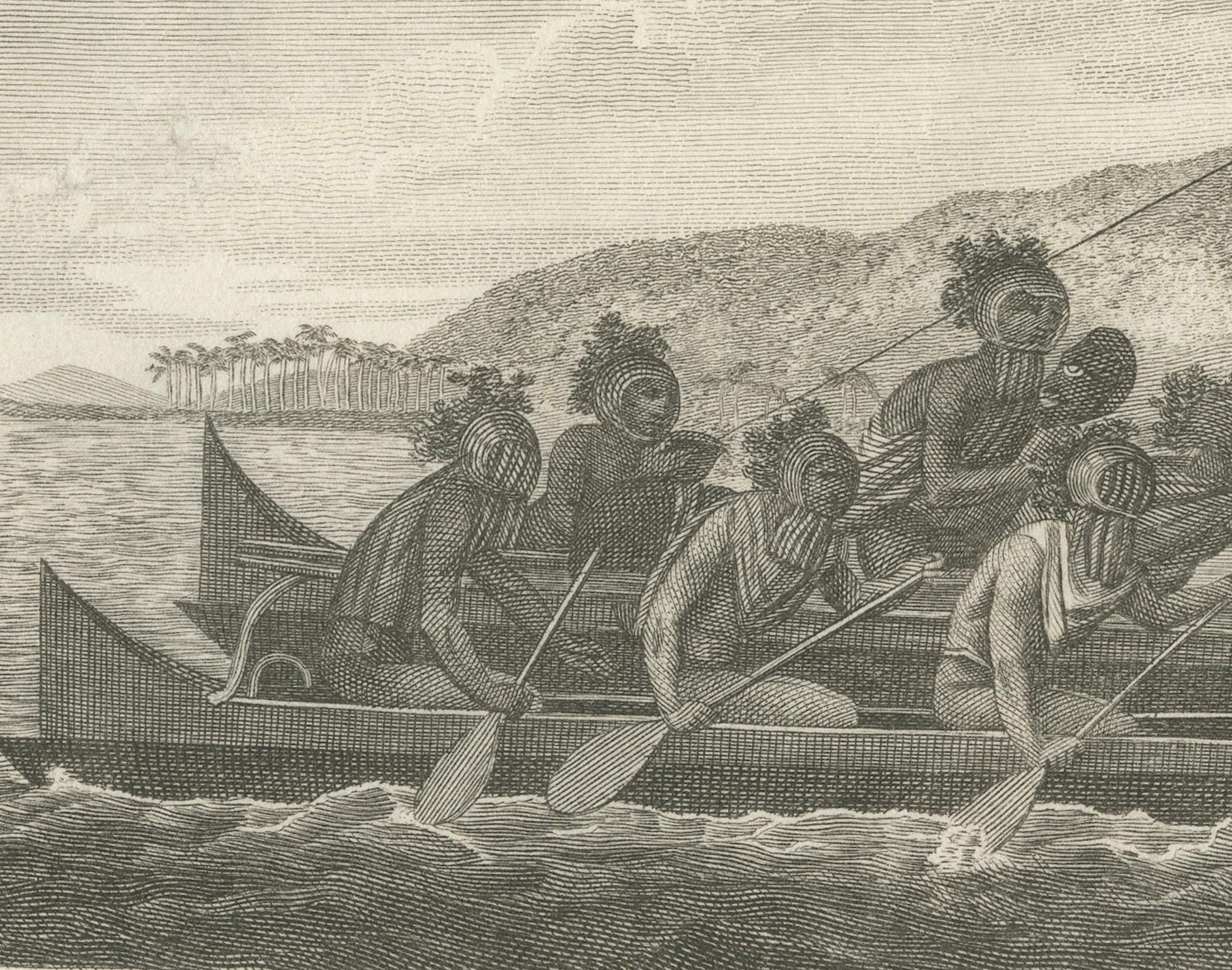 Engraved Voyage to the Pacific: Hawaiian War Canoe in Action, circa 1790 For Sale