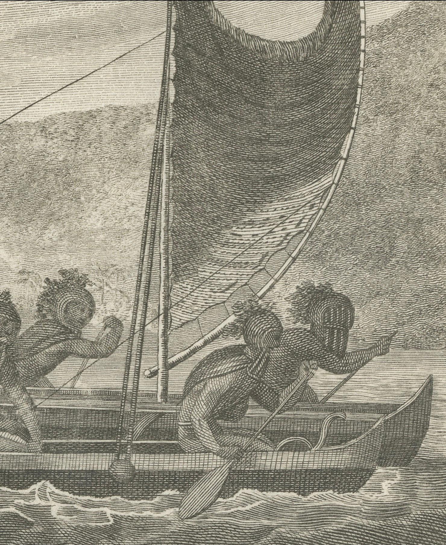 Voyage to the Pacific: Hawaiian War Canoe in Action, circa 1790 In Good Condition For Sale In Langweer, NL