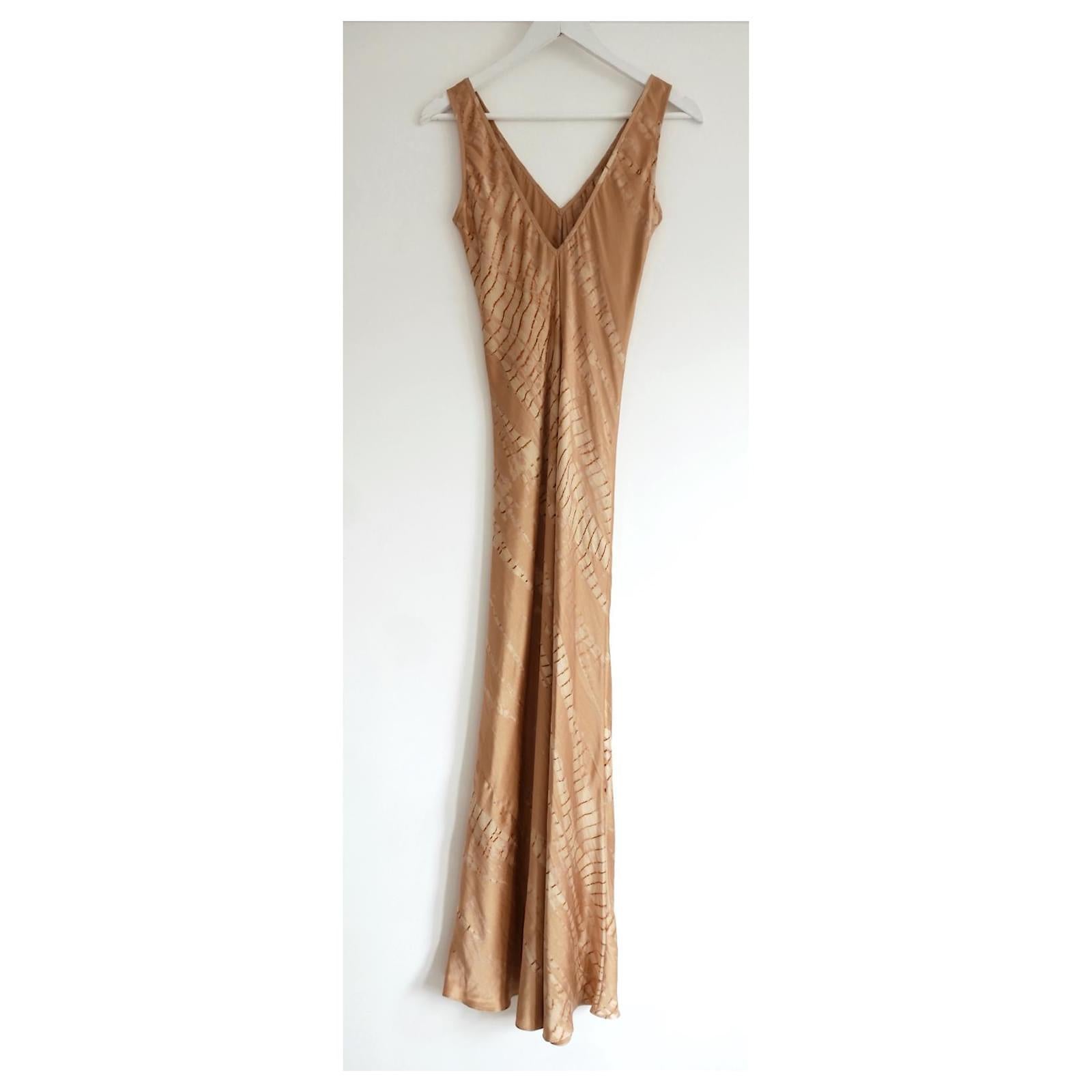 Marron Voz Gold Silk Double V Tie Dye Dress en vente