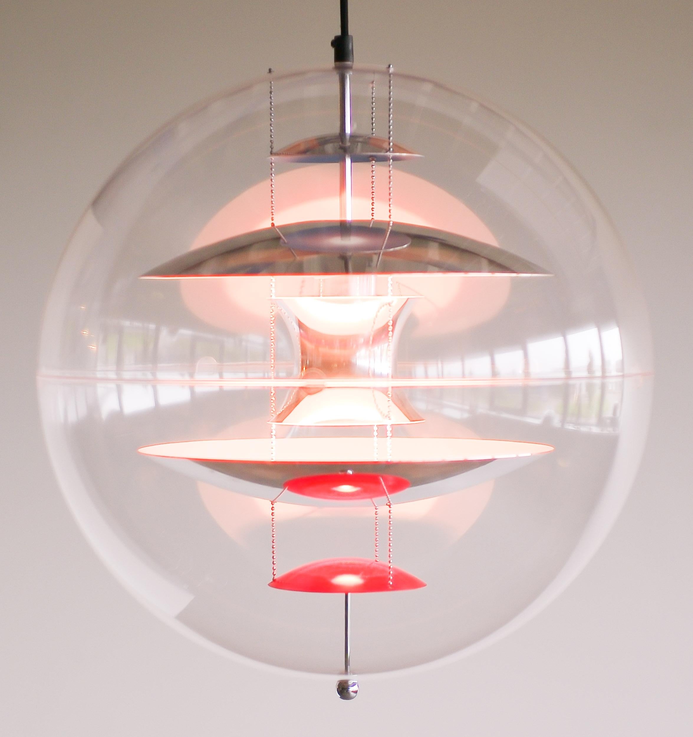 Original Verpan example of this great light by Verner Panton.
This is the large version with 50 cm diameter globe.
Pictured is an identical example in our gallery, but you will receive a brand new example.
We have the light in stock, and it is