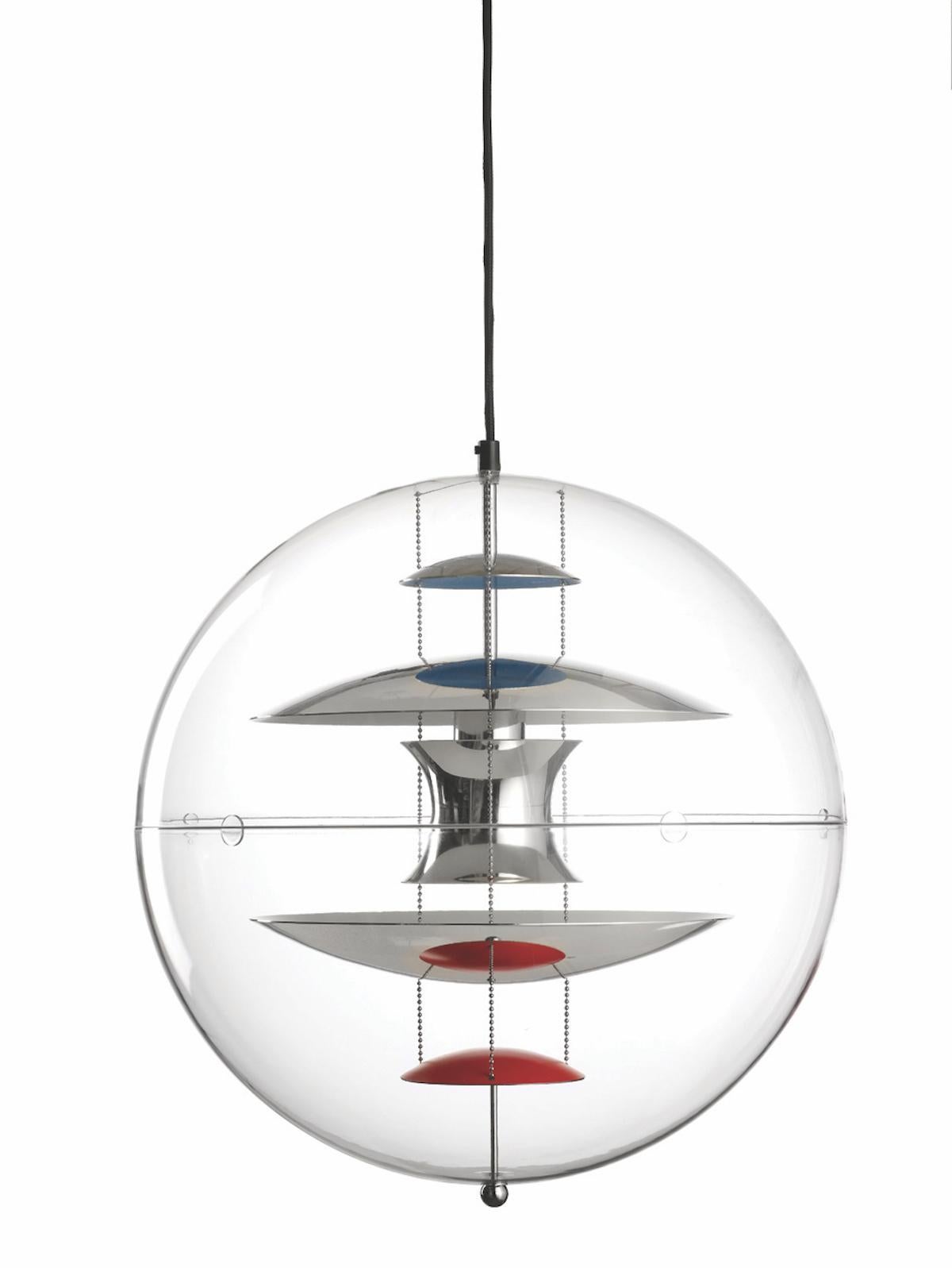  Pendant made of transparent acrylic. Five reflectors inside. Suspended by three steel chains. Includes ceiling canopy.  

Material: Reflectors are made of polished aluminum with two accent Colors (blue and red). Ceiling canopy is made of metal
