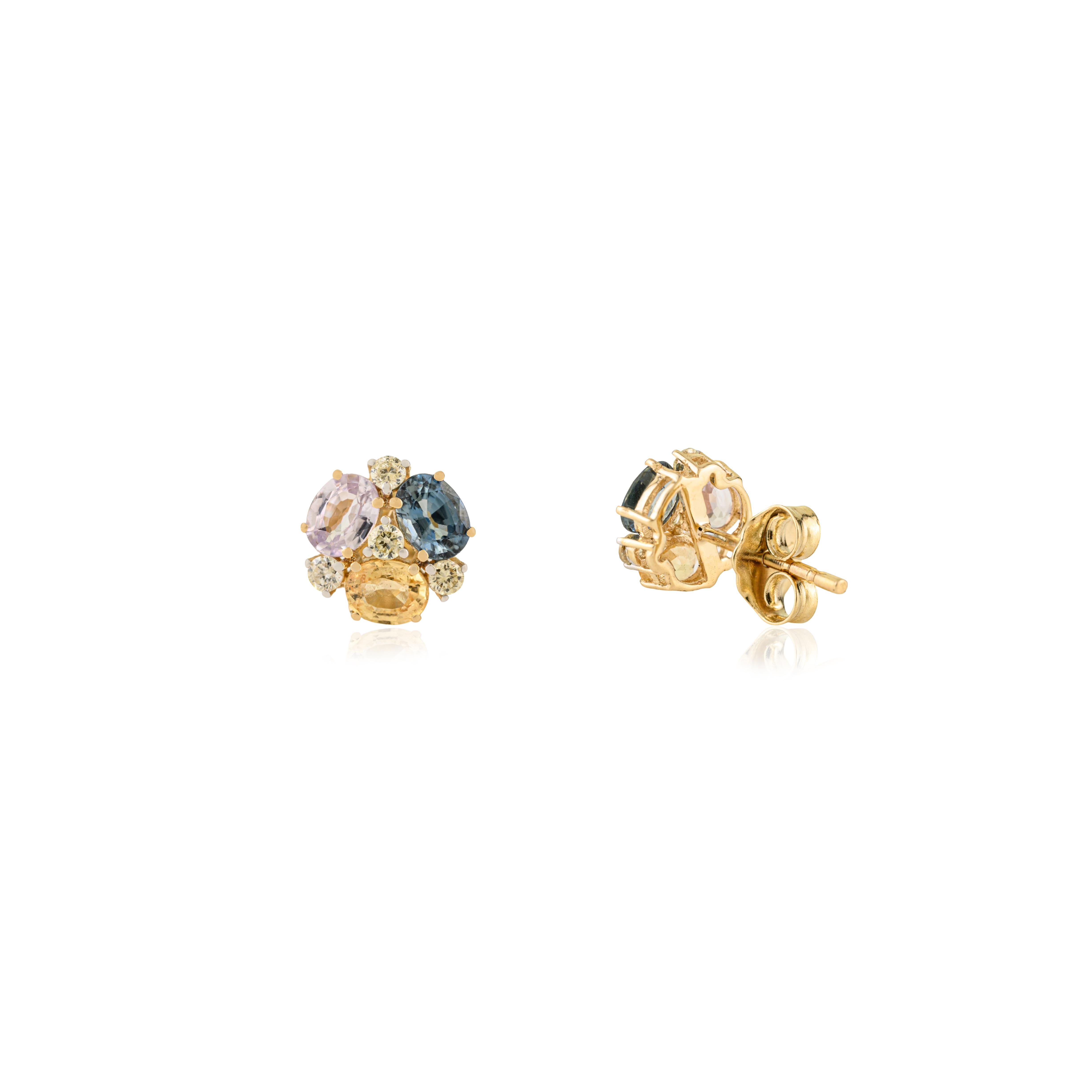VR Jewels 1,28 Karat Multi Saphir & Diamant Cluster Ohrstecker 14K Gelbgold (Moderne) im Angebot