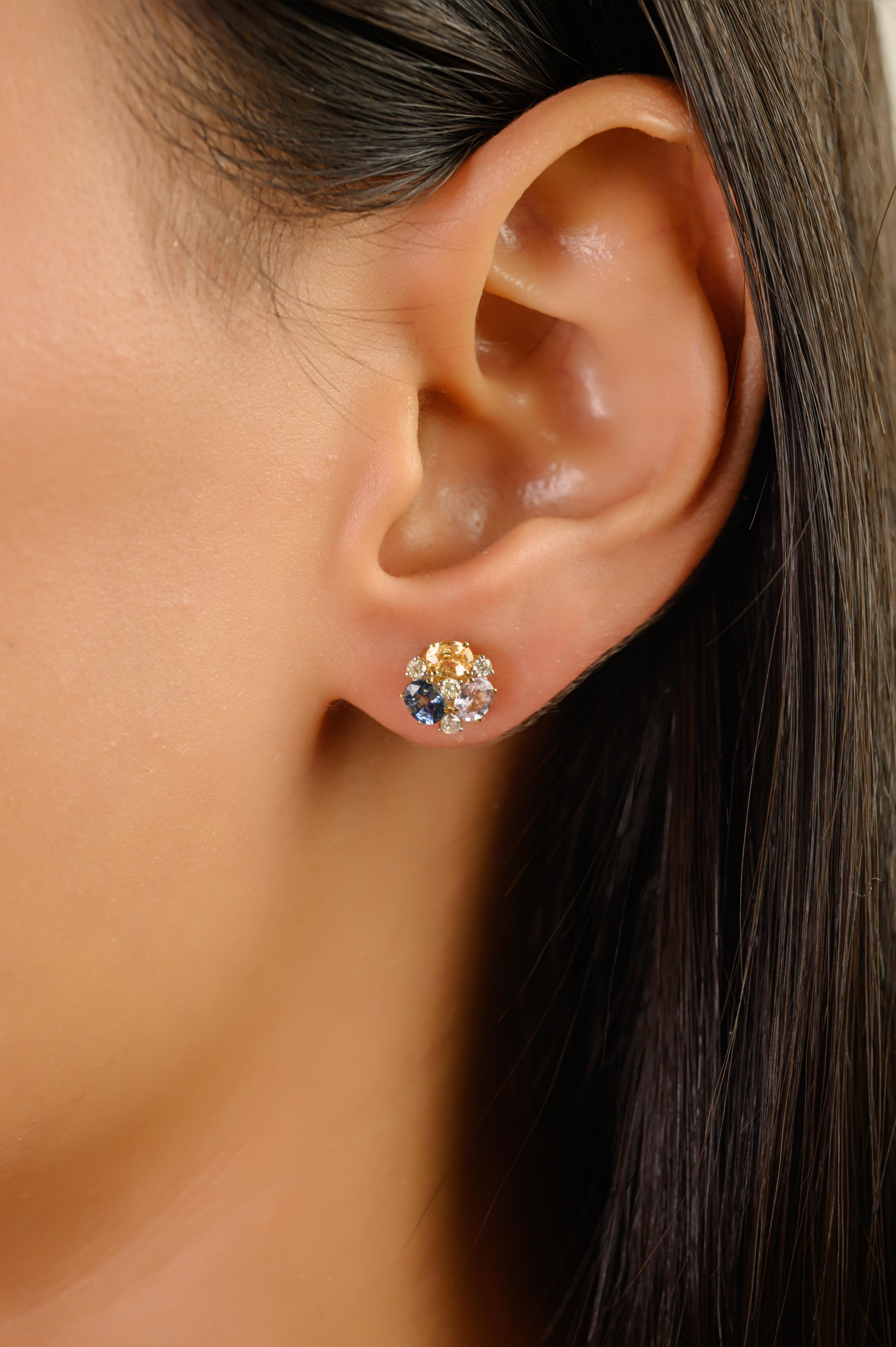 VR Jewels 1,28 Karat Multi Saphir & Diamant Cluster Ohrstecker 14K Gelbgold (Ovalschliff) im Angebot