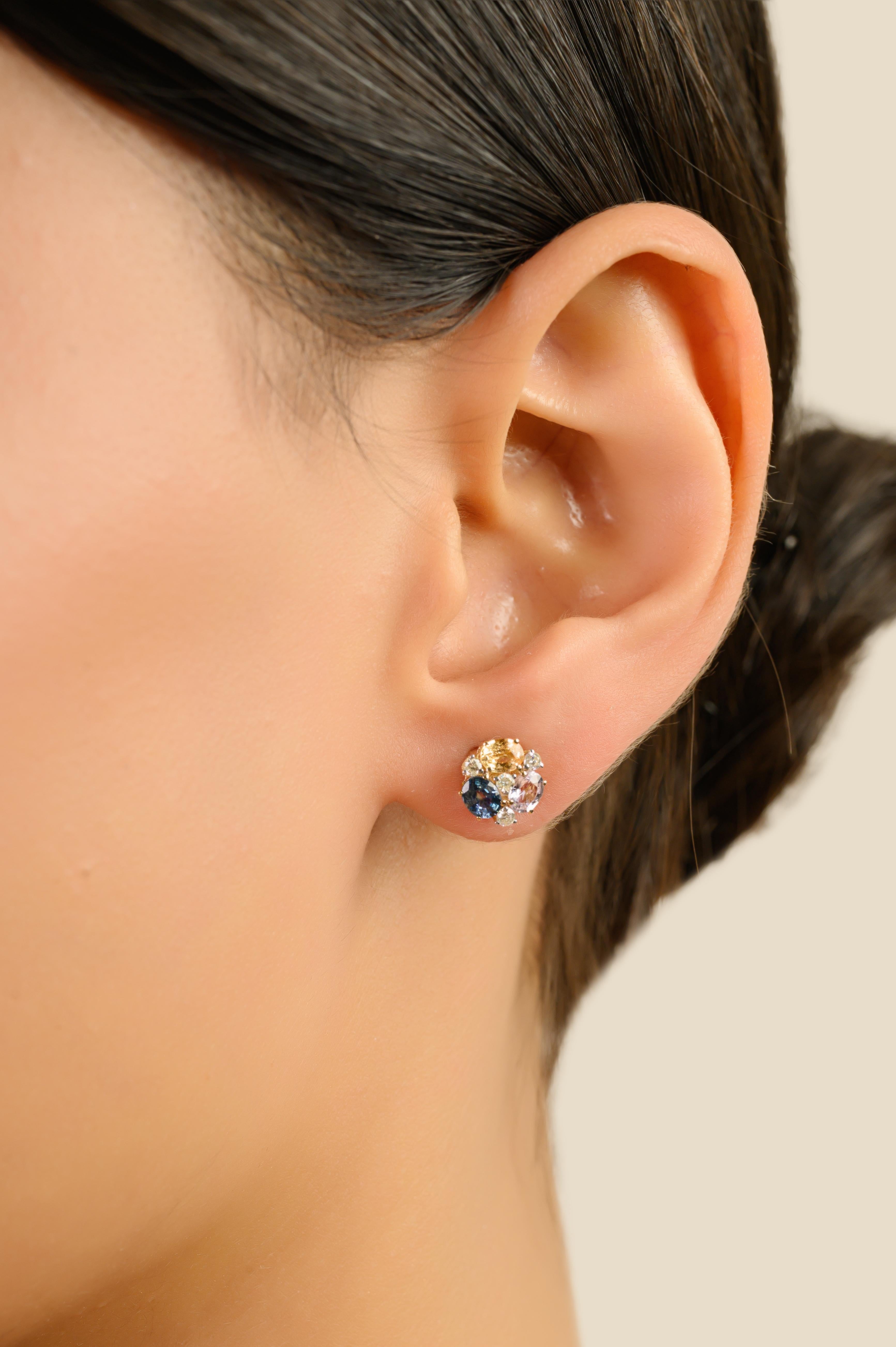 VR Jewels 1,28 Karat Multi Saphir & Diamant Cluster Ohrstecker 14K Gelbgold Damen im Angebot