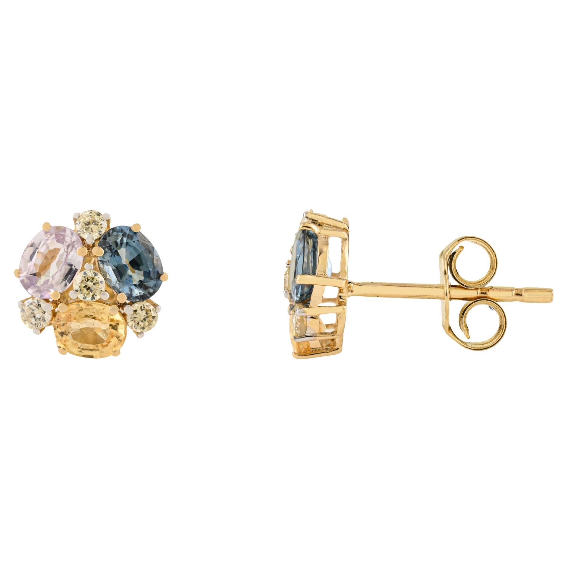VR Jewels 1.28 Ct Multi Sapphire
Diamond Cluster Stud Earrings 14K Yellow Gold