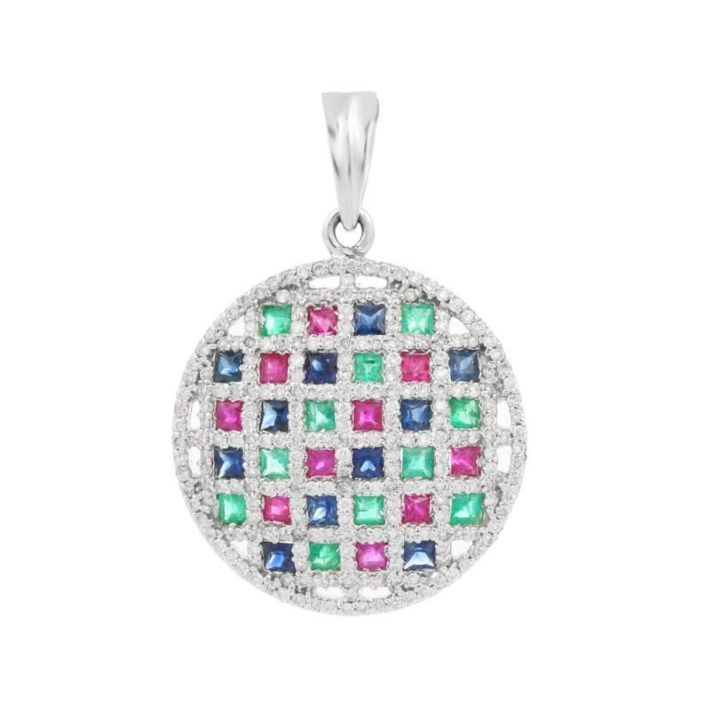 Statement Emerald, Ruby And Sapphire Pendant in 14K Gold studded with square cut emerald, ruby and sapphire with diamonds. This stunning piece of jewelry instantly elevates a casual look or dressy outfit. 
Emerald enhances the intellectual capacity,