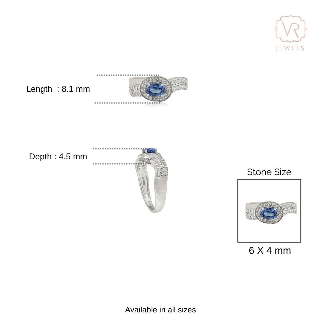 En vente :  VR Jewels Bague ondulée en or blanc 14 carats avec saphir bleu de taille ovale et diamant en halo 10