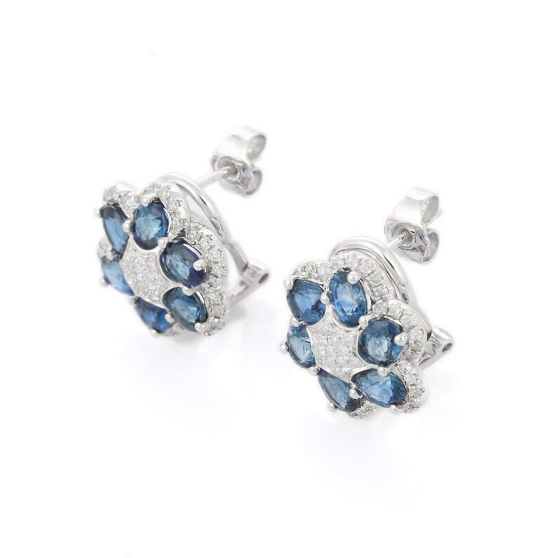 Modern Diamond Sapphire Floral Stud Earrings in 14kt Solid White Gold For Sale