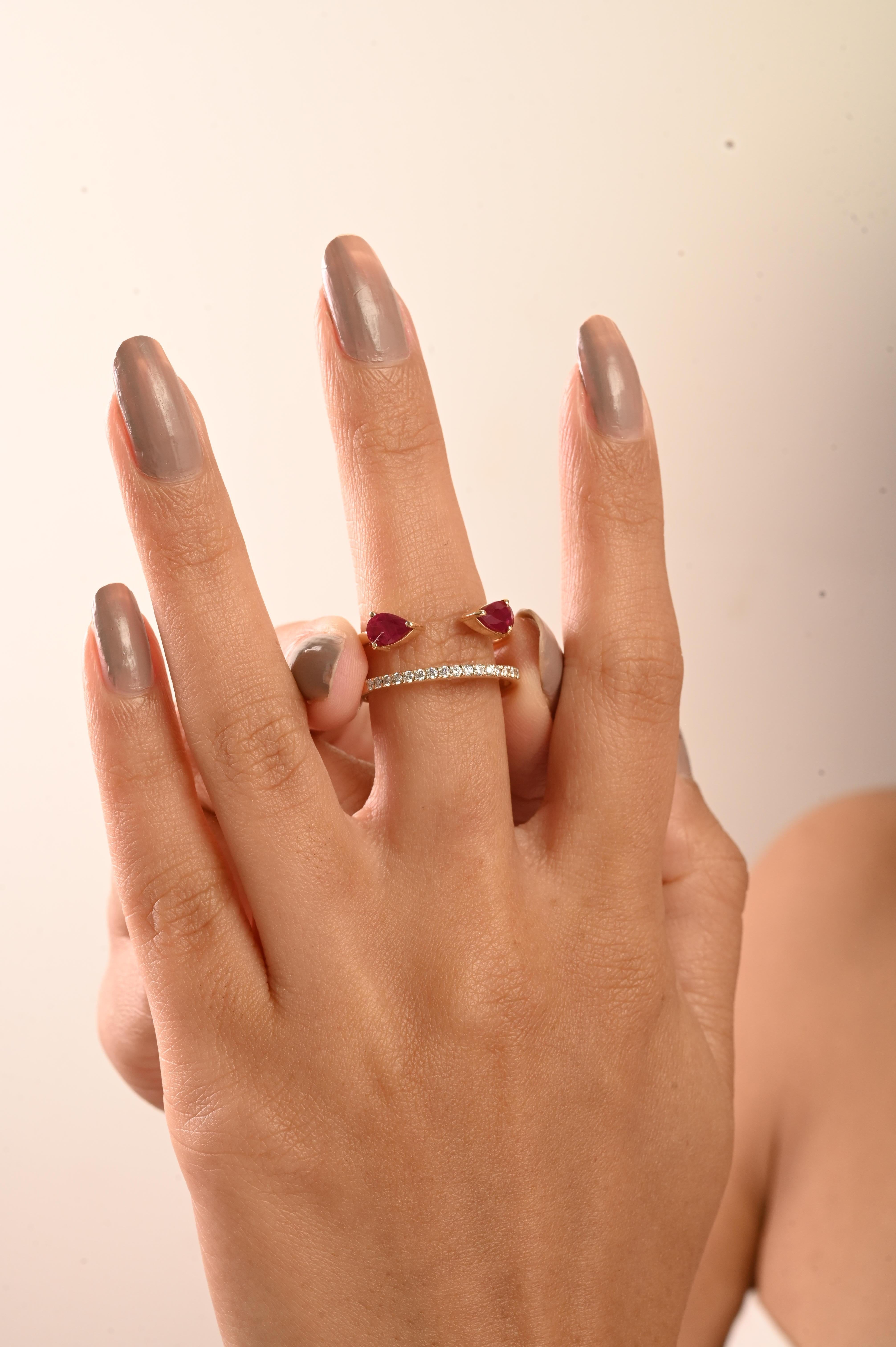 For Sale:  VR Jewels 14k Yellow Gold 1.04Ct Pear-Cut Ruby and Diamond Open Band Ring 10