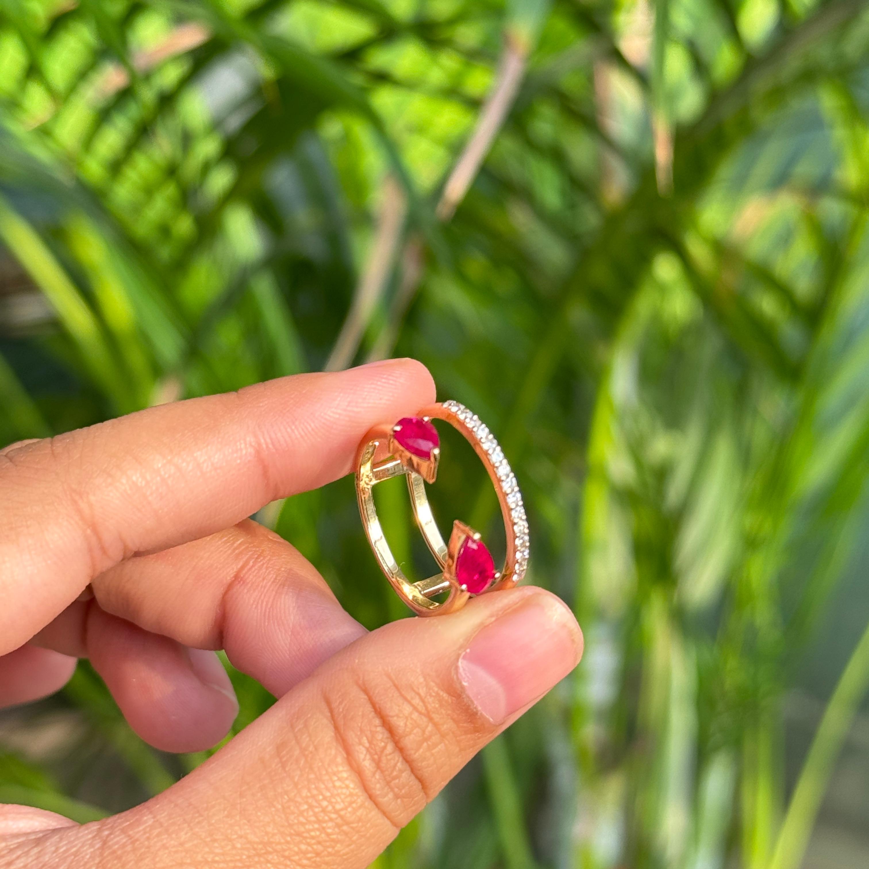 For Sale:  VR Jewels 14k Yellow Gold 1.04Ct Pear-Cut Ruby and Diamond Open Band Ring 12