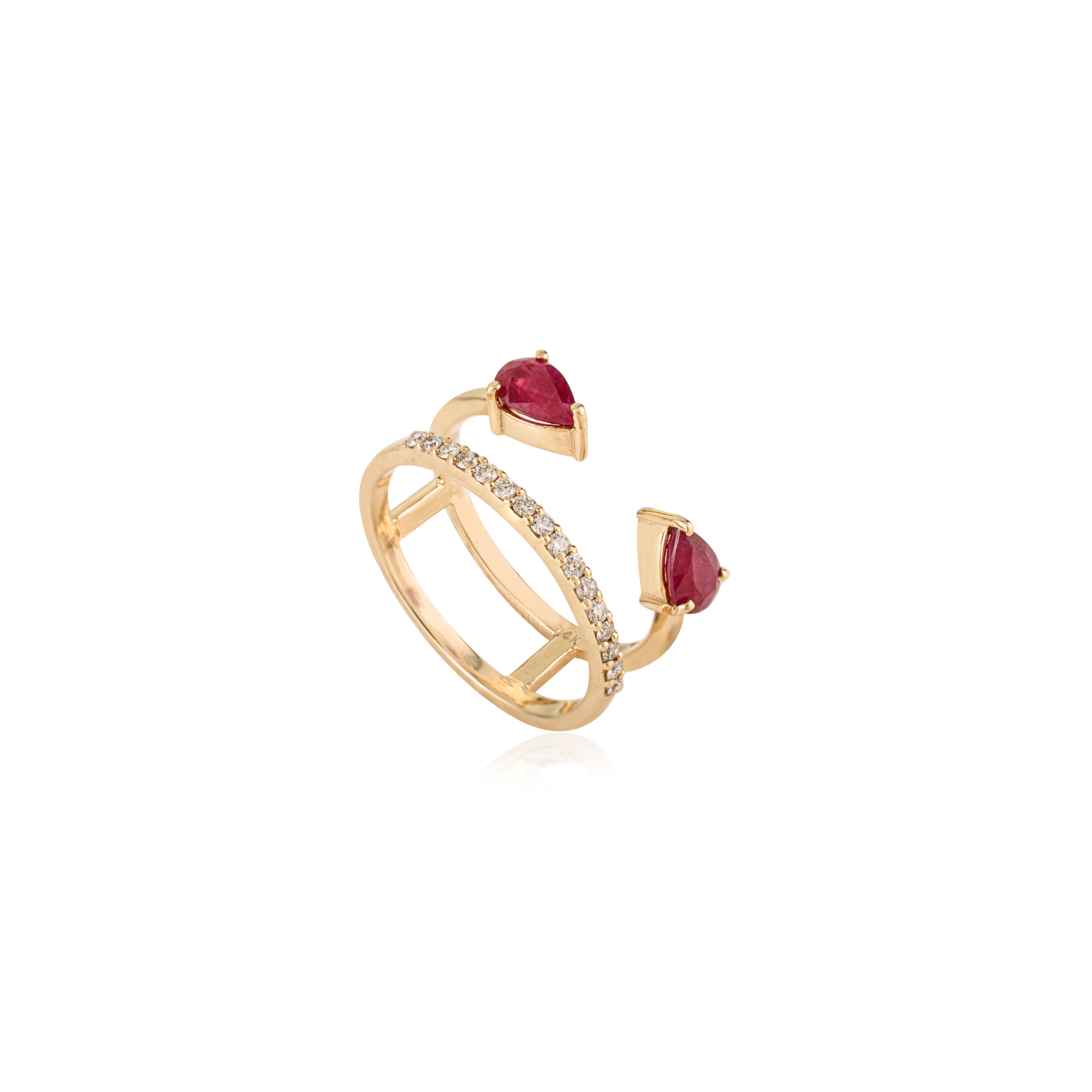For Sale:  VR Jewels 14k Yellow Gold 1.04Ct Pear-Cut Ruby and Diamond Open Band Ring 7