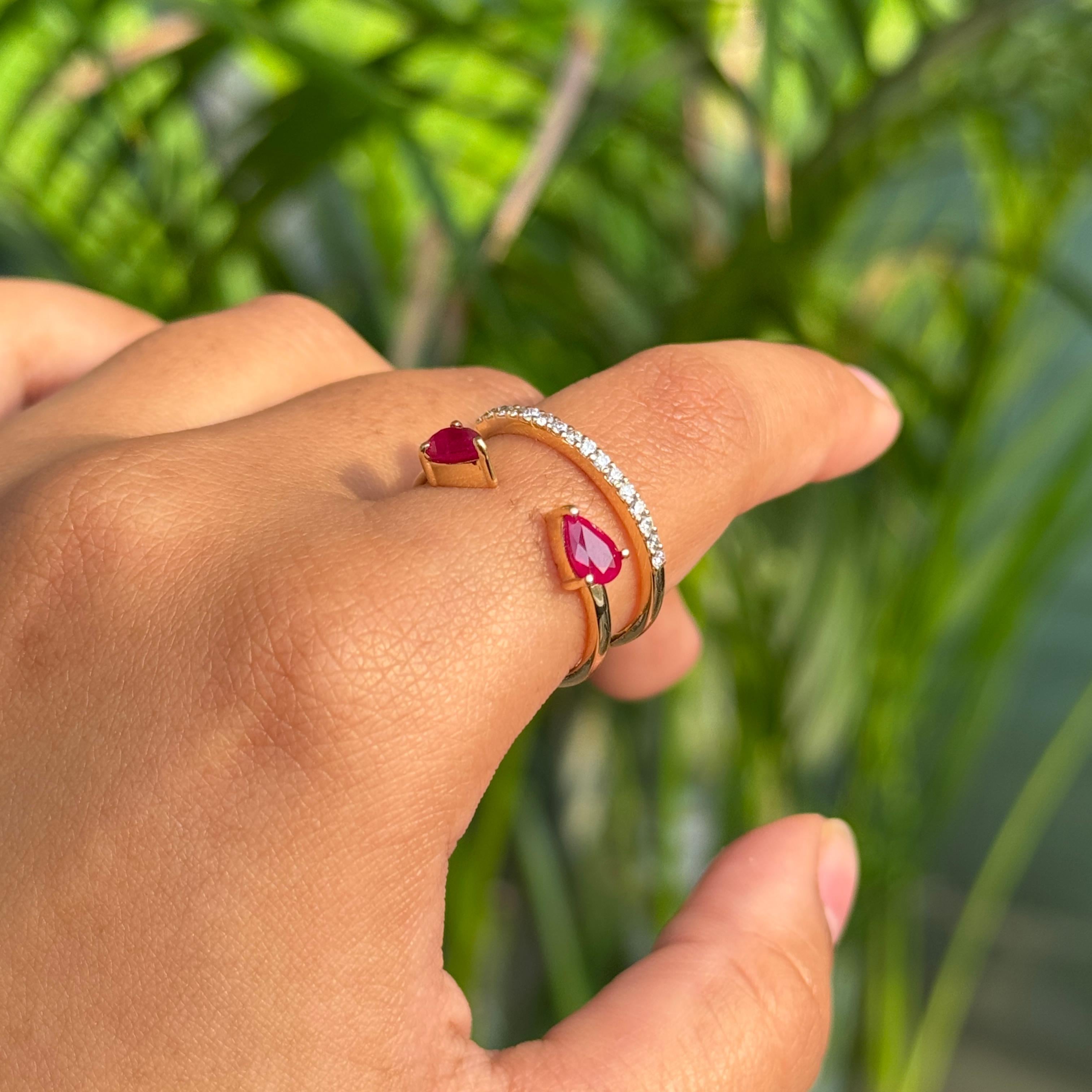 For Sale:  VR Jewels 14k Yellow Gold 1.04Ct Pear-Cut Ruby and Diamond Open Band Ring 8