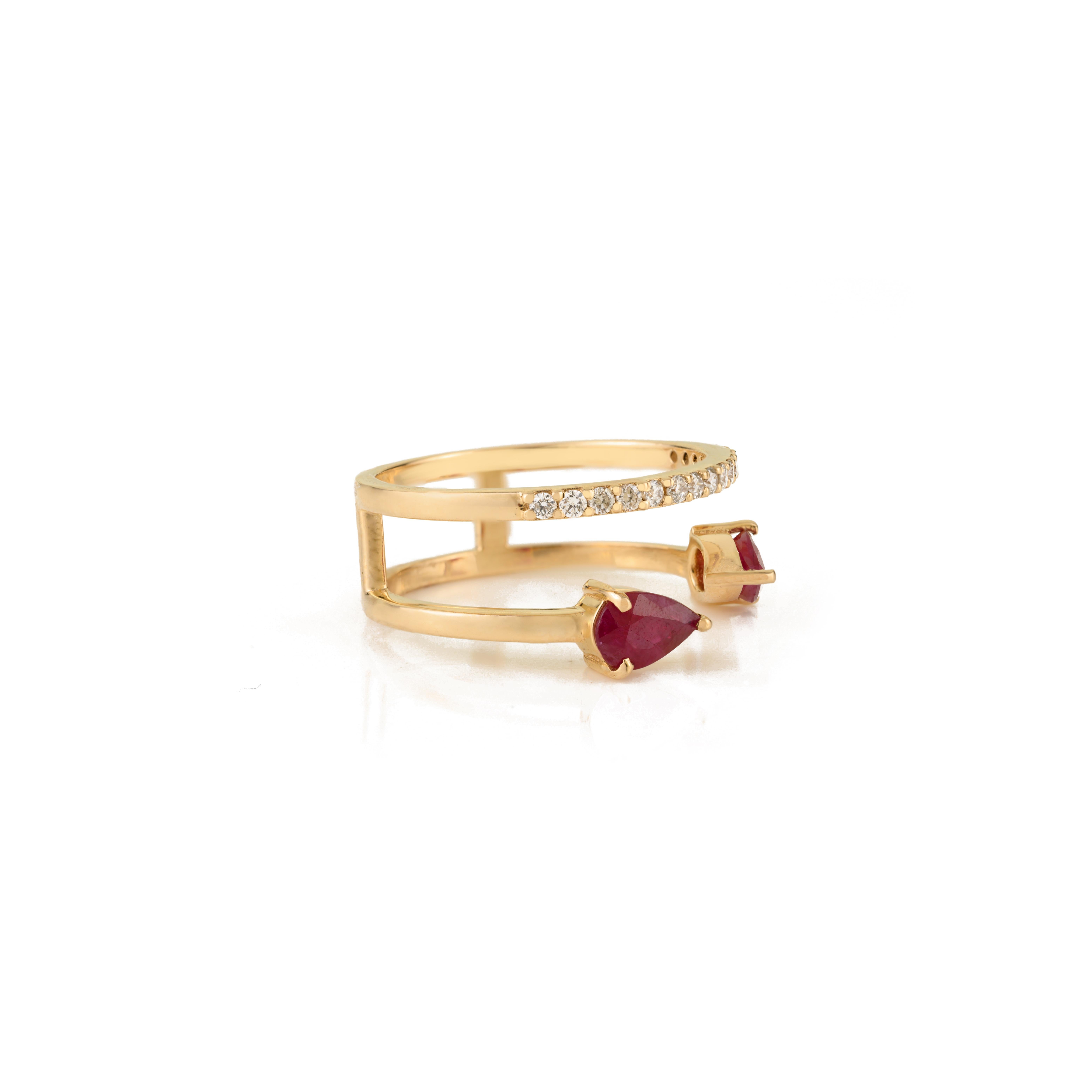 For Sale:  VR Jewels 14k Yellow Gold 1.04Ct Pear-Cut Ruby and Diamond Open Band Ring 9