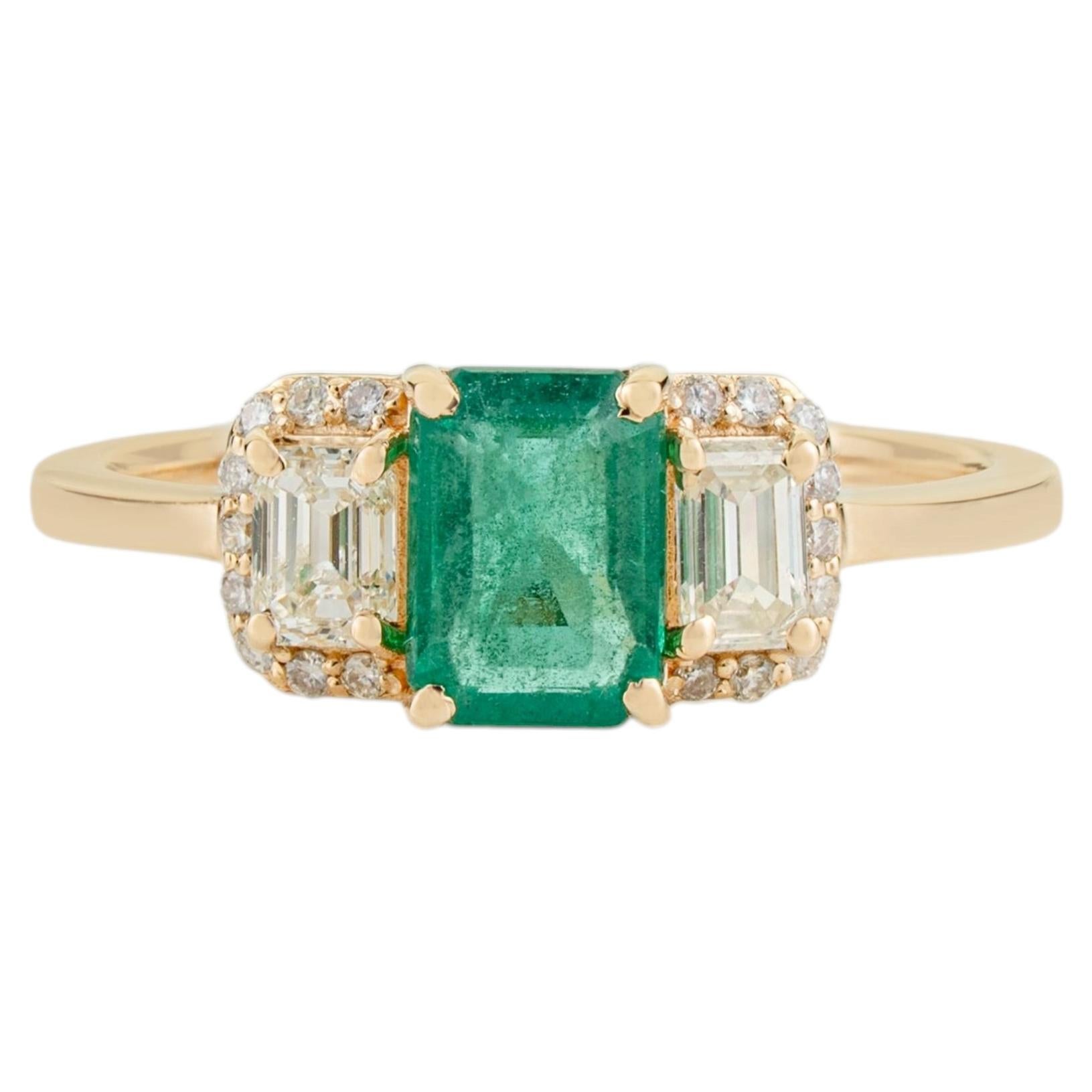 VR Jewels 14K Yellow Gold 1ct Natural Zambian Emerald & Diamond Three-Stone Ring