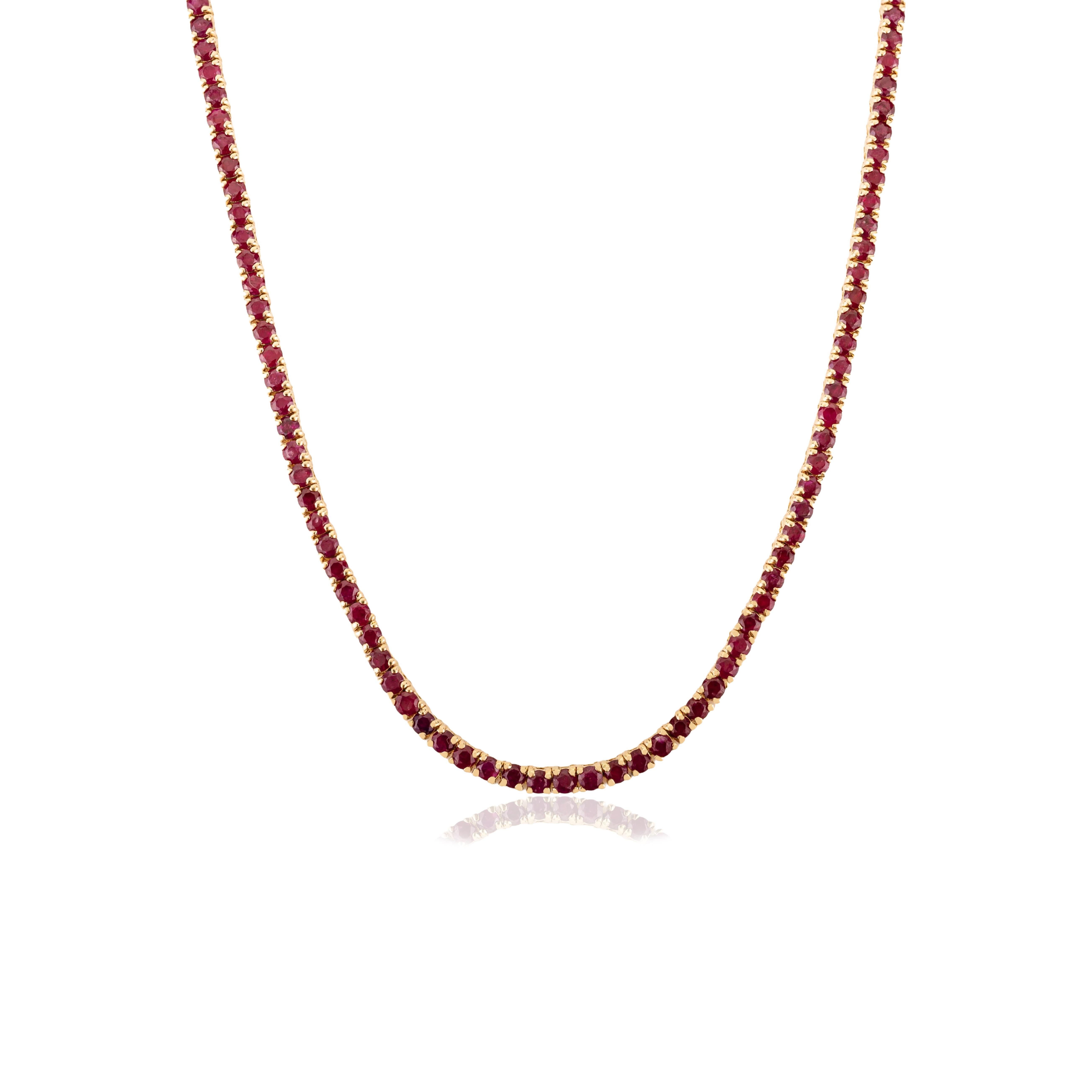 VR Jewels Collier de tennis en or jaune 14 carats 8,54 ct de rubis naturel taillé en rond en vente 4
