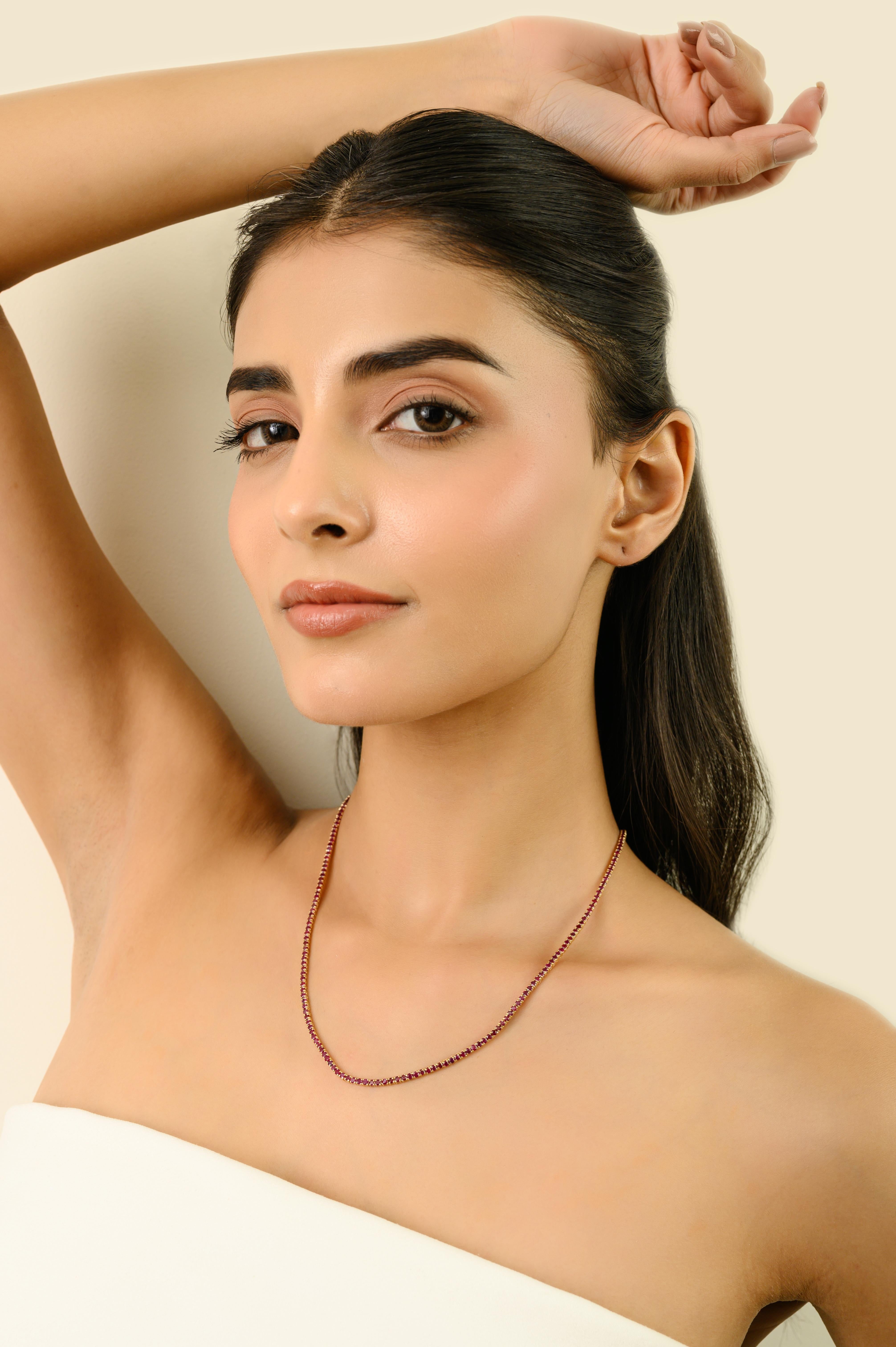 VR Jewels Collier de tennis en or jaune 14 carats 8,54 ct de rubis naturel taillé en rond Pour femmes en vente