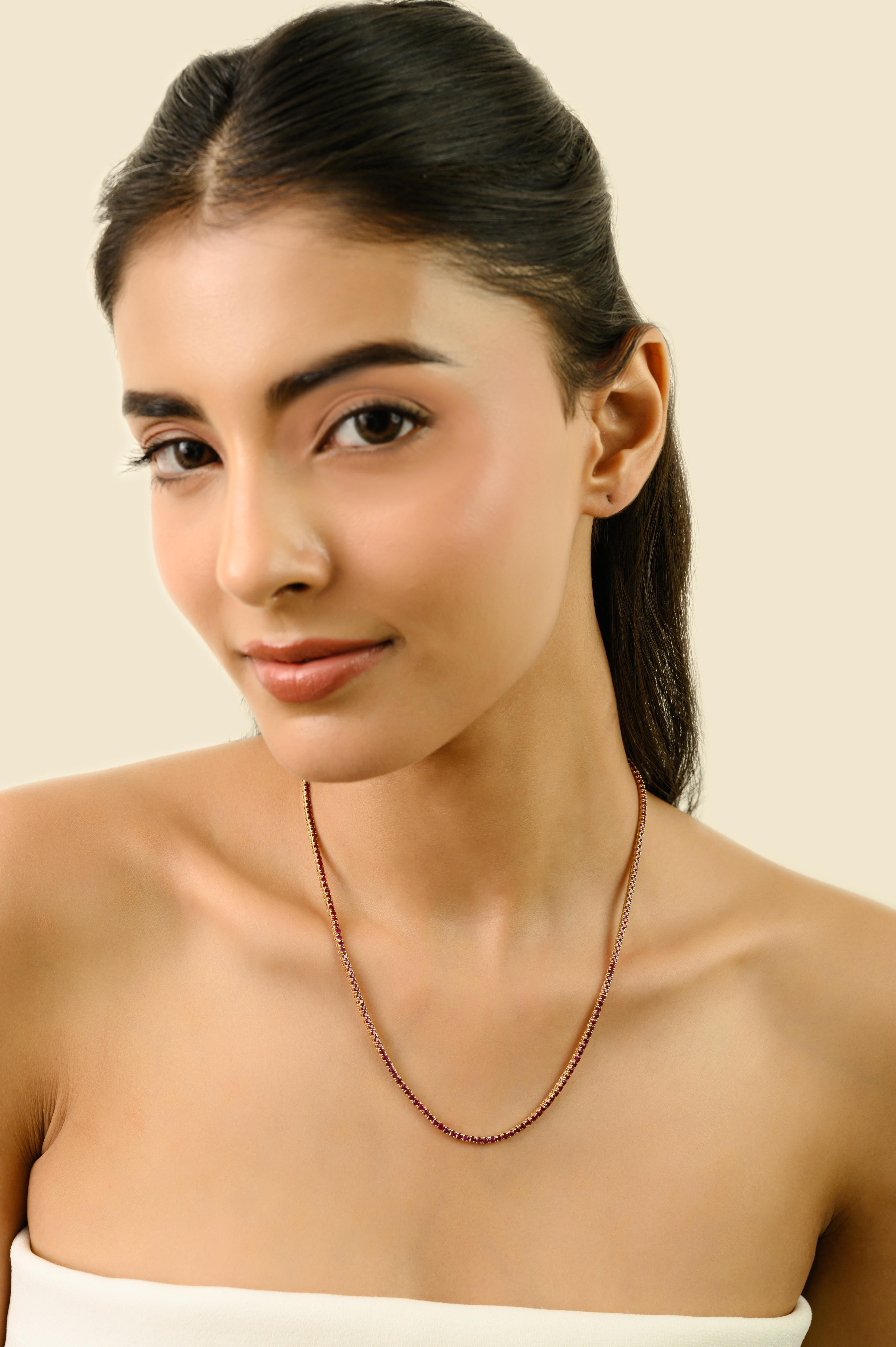 VR Jewels Collier de tennis en or jaune 14 carats 8,54 ct de rubis naturel taillé en rond en vente 2