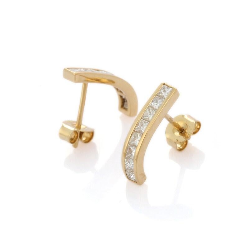 Modern Diamond Long Stud Earrings Handcrafted in 14kt Solid Yellow Gold  For Sale