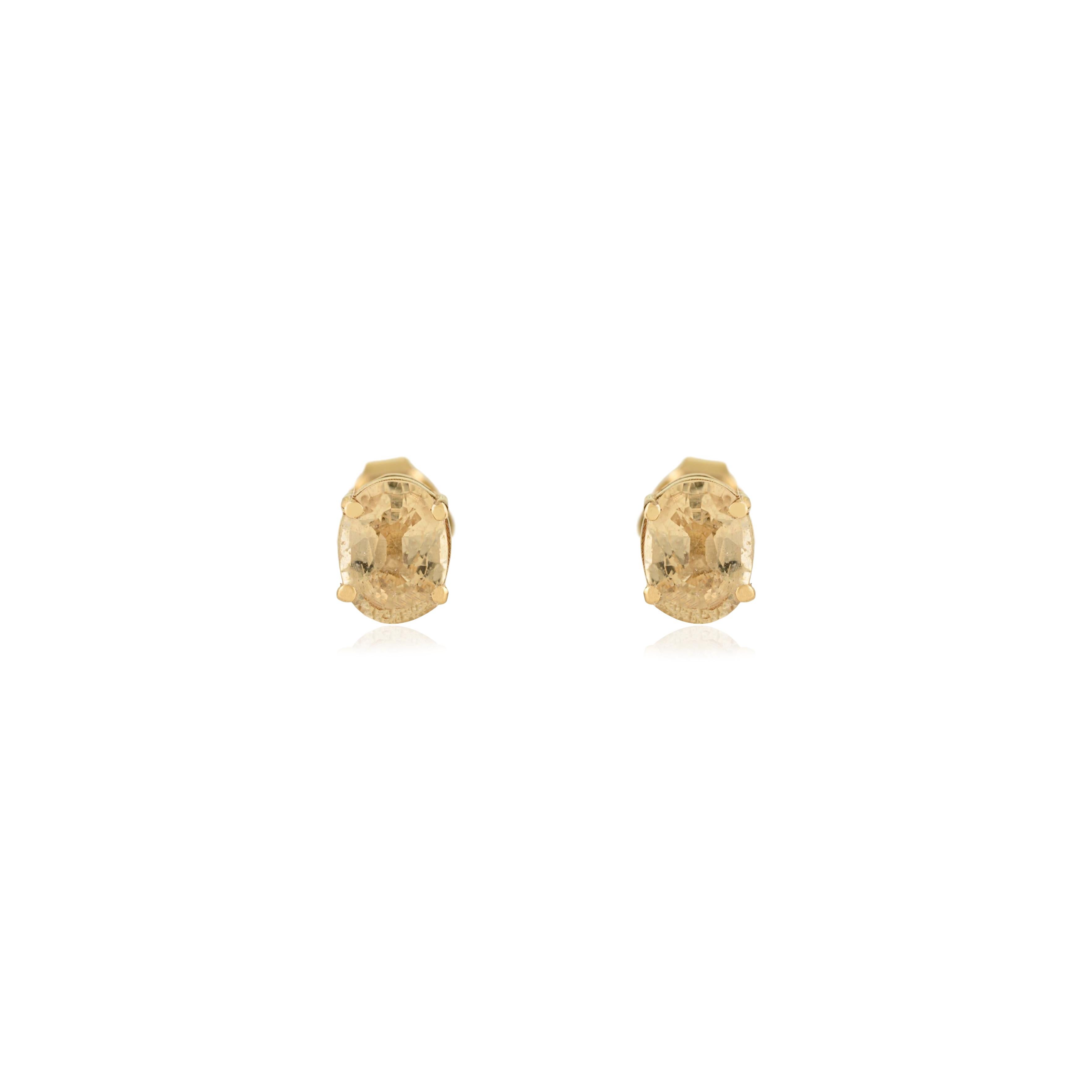 Moderne VR Jewels Boucles d'oreilles solitaires en or jaune 14 carats avec saphir jaune ovale en vente