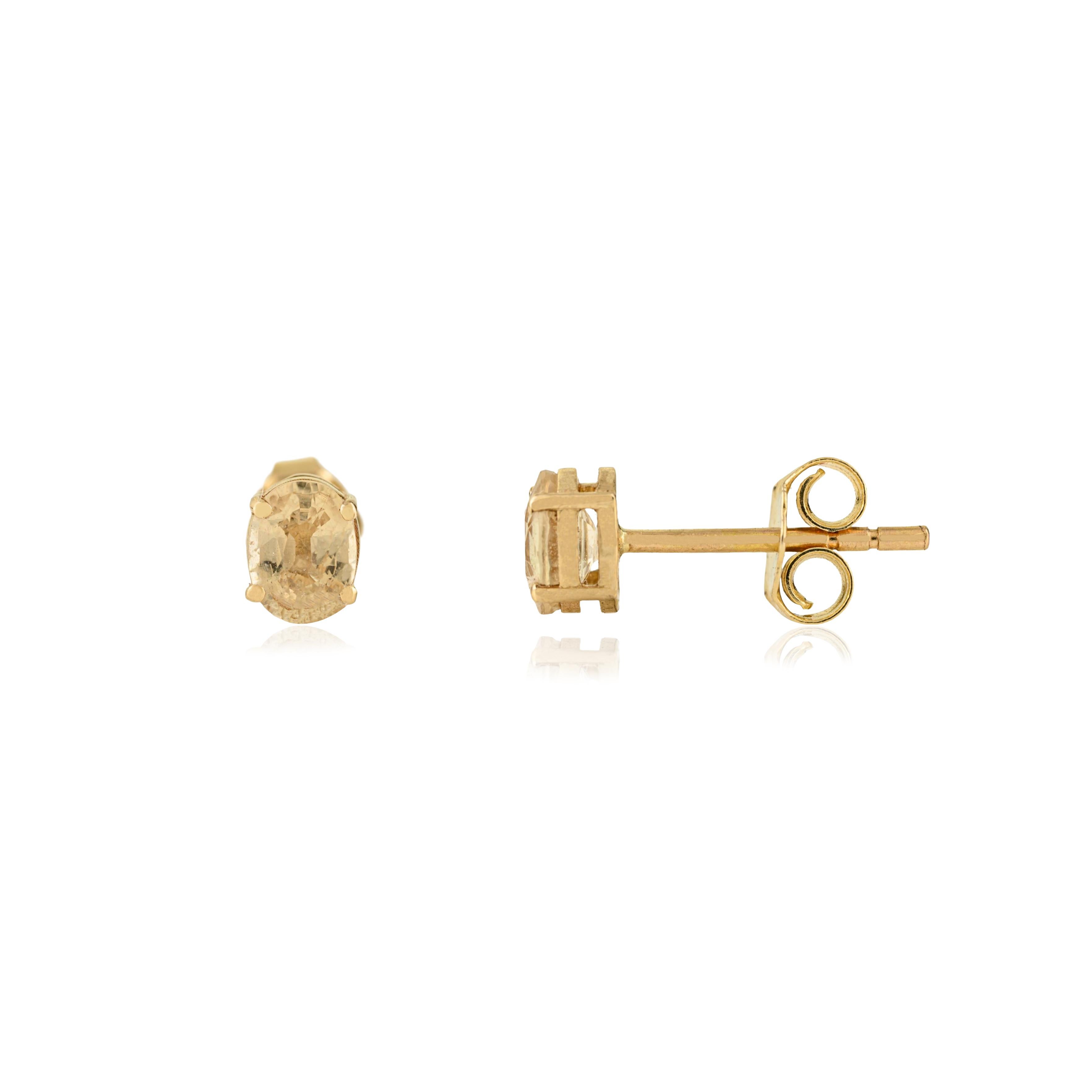 VR Jewels Boucles d'oreilles solitaires en or jaune 14 carats avec saphir jaune ovale en vente 3