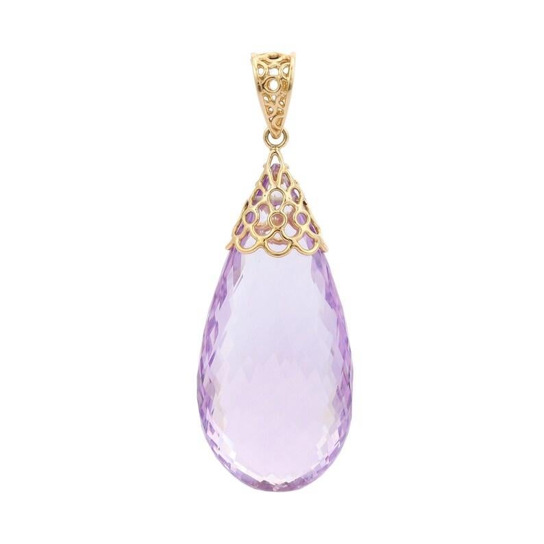 Amethyst Pendant in 14K Gold with teardrop cut amethyst dnagling in gold.. This stunning piece of jewelry instantly elevates a casual look or dressy outfit. 
Amethyst helps to relieve stress and anxiety in your life. 
Designed with drop cut amethyst