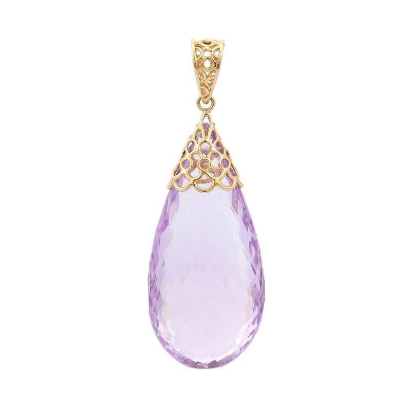 Bead 93.23 Carats Teardrop Amethyst Pendant in 14k Solid Yellow Gold  For Sale