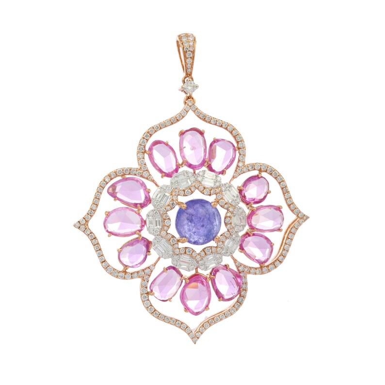 Multi Sapphire pendant in 18K Gold. It has a oval and round cut gemstone studded with diamonds that completes your look with a decent touch. Pendants are used to wear or gifted to represent love and promises. It's an attractive jewelry piece that