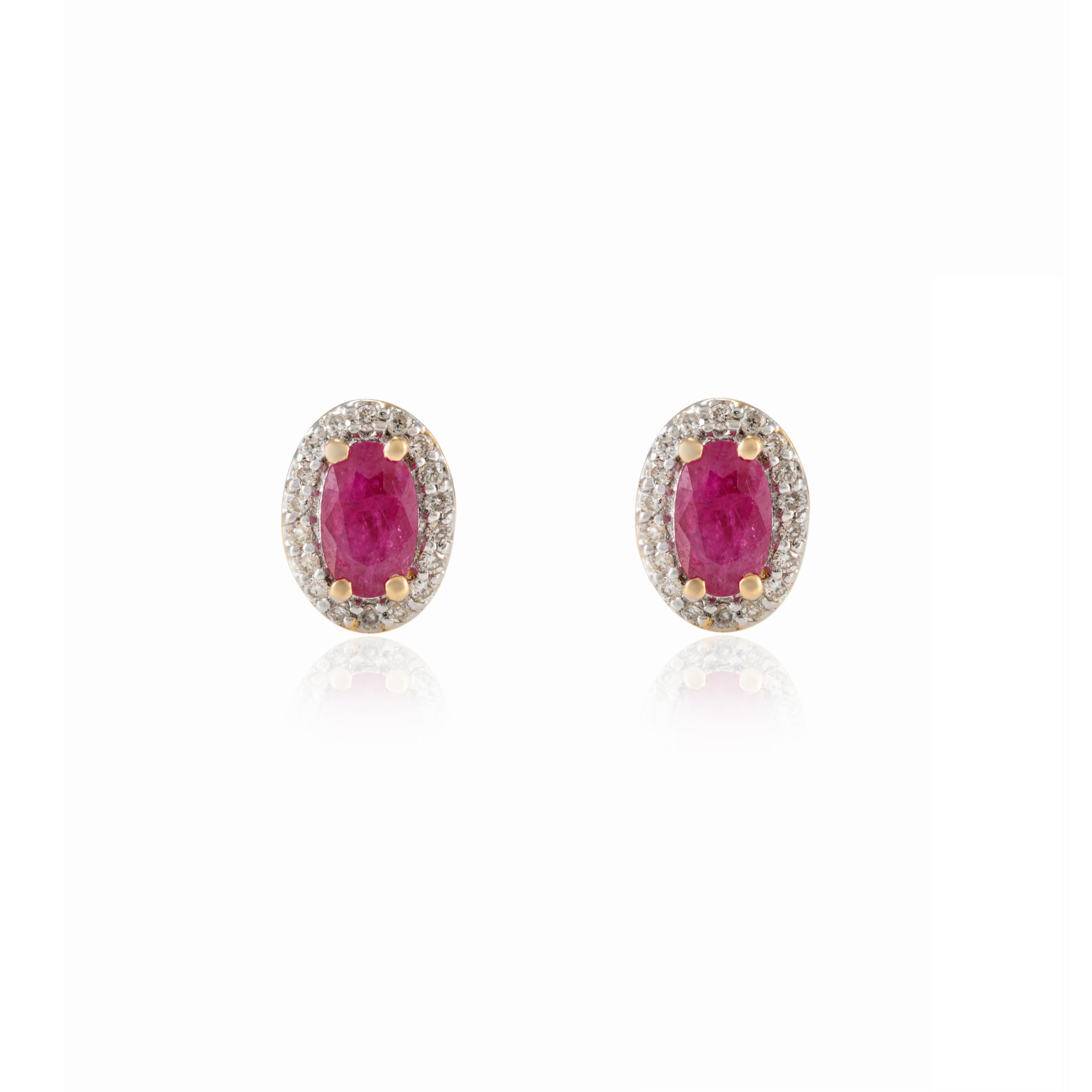 Oval Diamond Halo Ruby Stud Earrings in 18K Gold to make a statement with your look. You shall need stud earrings to make a statement with your look. These earrings create a sparkling, luxurious look featuring oval cut ruby and round cut