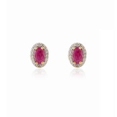 VR Jewels 18k Solid Yellow Gold Dainty Oval Diamond Halo Ruby Stud Earrings