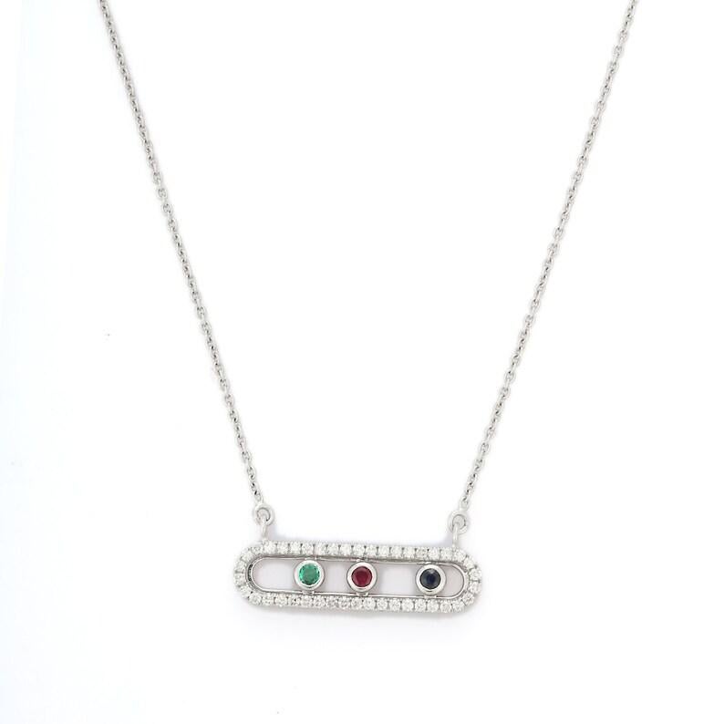 Modern Ruby Emerald and Sapphire Pendant Necklace in 18kt Solid White Gold For Sale
