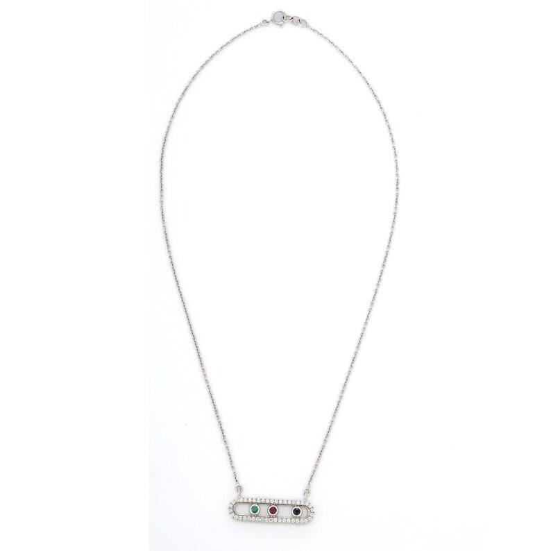 Round Cut Ruby Emerald and Sapphire Pendant Necklace in 18kt Solid White Gold For Sale