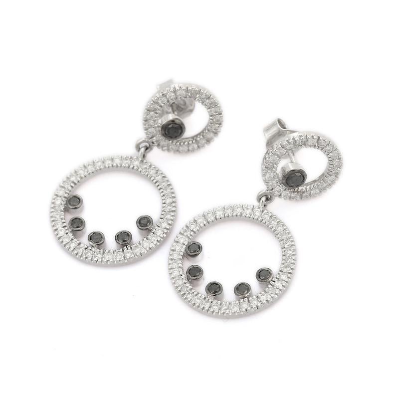Brilliant Cut Black and White Diamond Circle Dangle Earrings in 18k White Gold For Sale