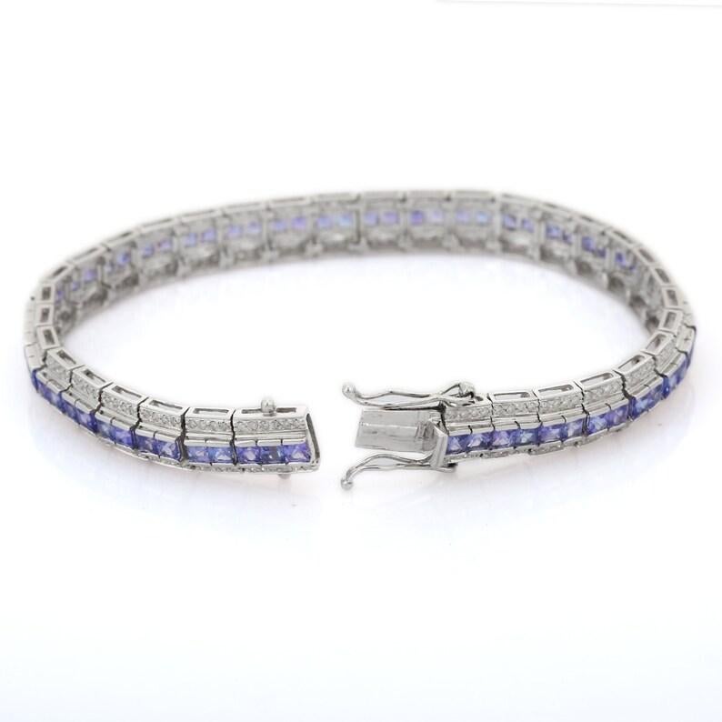 Square Cut Stunning Diamond and Blue Sapphire Wedding Bracelet in 18kt Solid White Gold For Sale