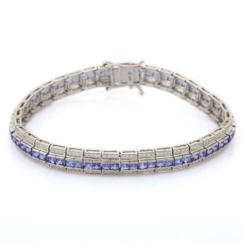 Women's Stunning Diamond and Blue Sapphire Wedding Bracelet in 18kt Solid White Gold For Sale