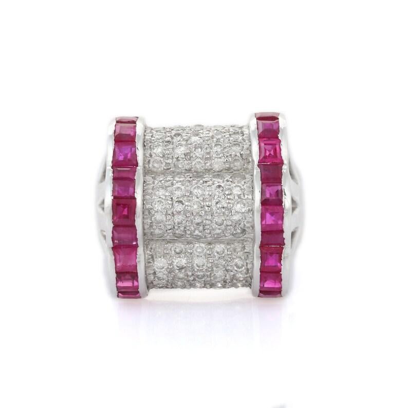 For Sale:  Diamond and Ruby Cocktail Ring in 18kt Solid White Gold Statement Ring 2