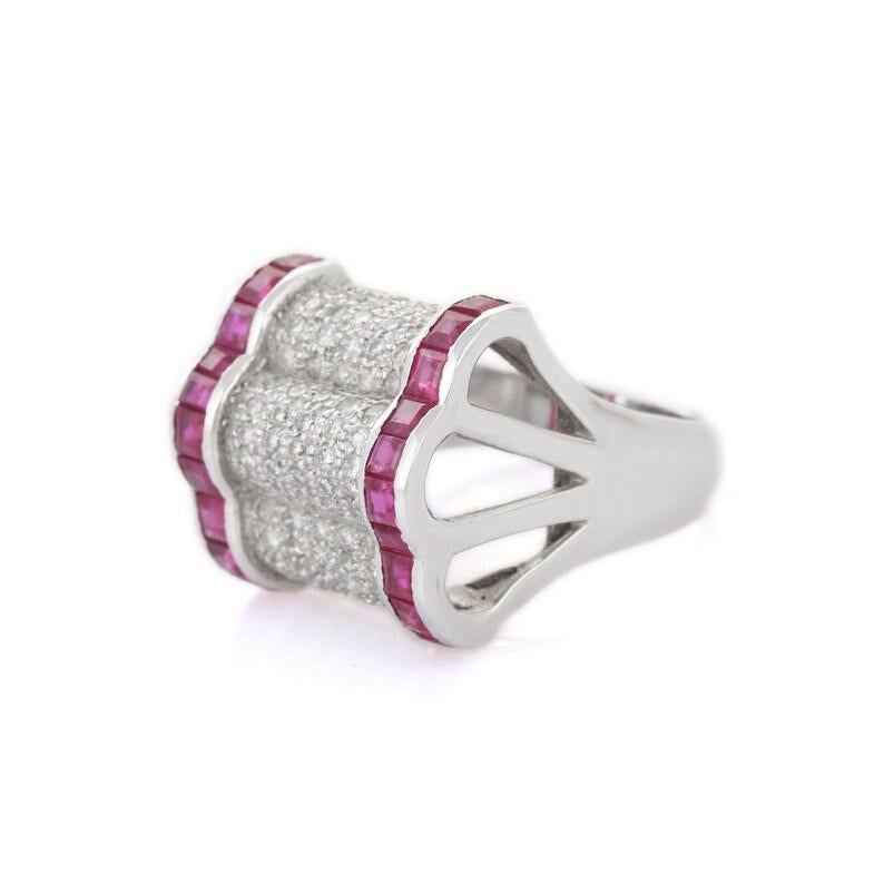 For Sale:  Diamond and Ruby Cocktail Ring in 18kt Solid White Gold Statement Ring 4