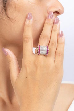 Diamond and Ruby Cocktail Ring in 18kt Solid White Gold Statement Ring