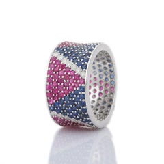 Wide Pave Eternity Ring with Ruby, Sapphire and Diamond in 18k Solid White Gold