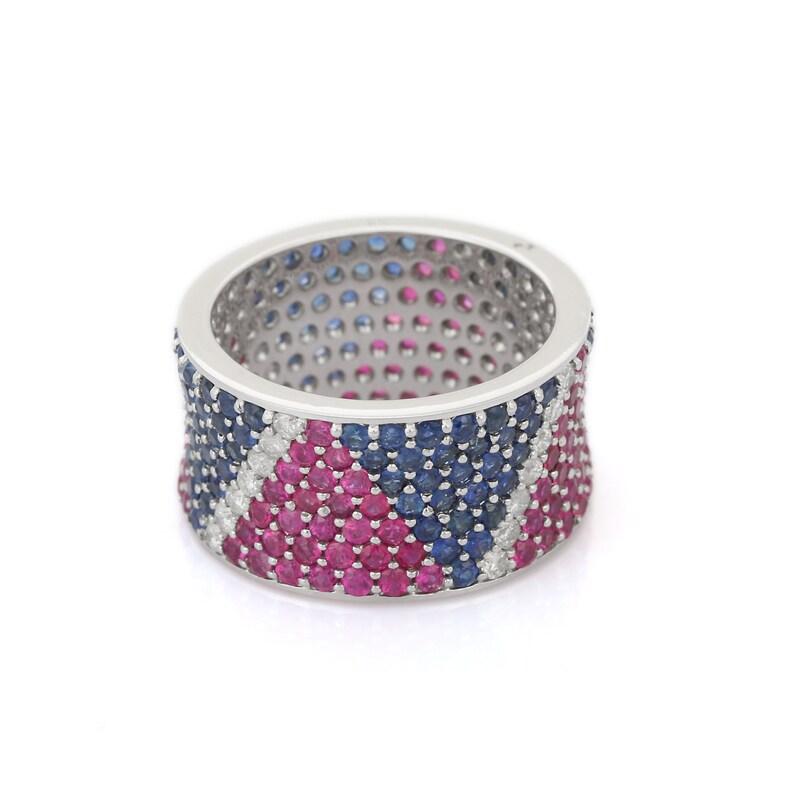 For Sale:  Wide Pave Eternity Ring with Ruby, Sapphire and Diamond in 18k Solid White Gold 3
