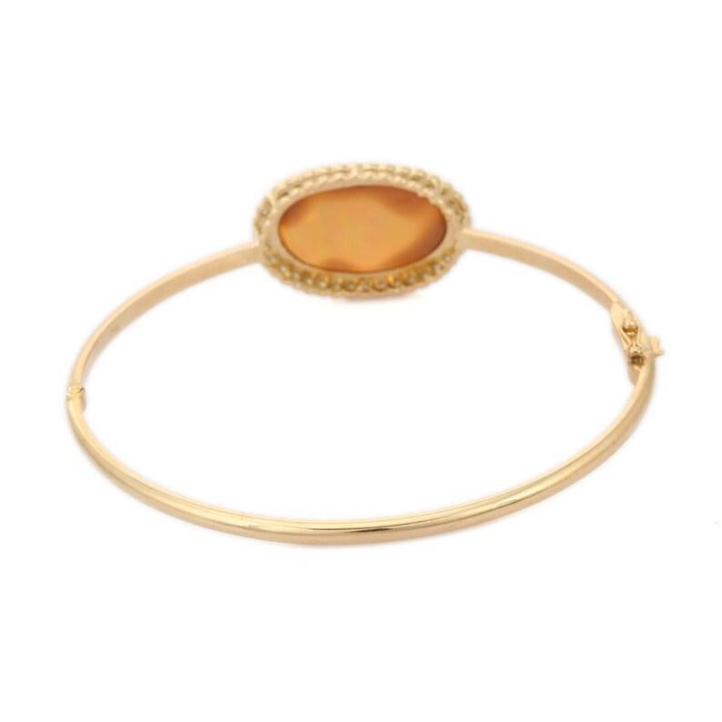 Modern Opal Halo Diamond Bangle Bracelet in 18k Solid Yellow Gold For Her For Sale