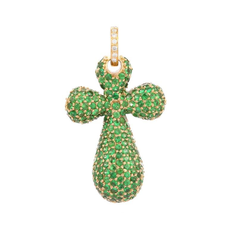 Diamond Tsavorite Cross Pendant in 18K Gold studded with round cut tsavorite and diamonds. This stunning piece of jewelry instantly elevates a casual look or dressy outfit. 
Tsavorite heals the heart chakra and facilitate communication. 
Designed