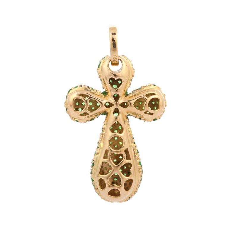 Round Cut Diamond and Tsavorite Cross Pendant in 18kt Solid  Yellow Gold  For Sale
