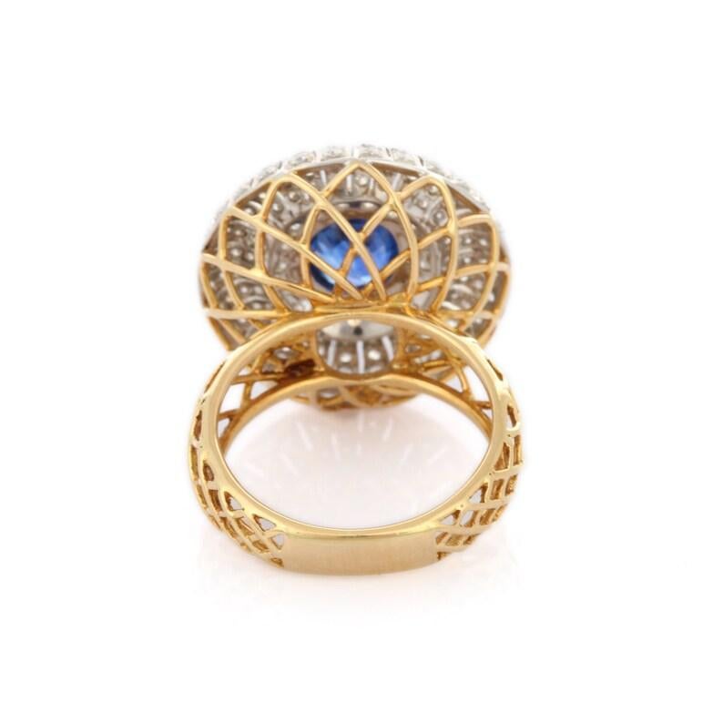 For Sale:   Unique Diamond and Blue Sapphire Cocktail Ring in 18k Solid Yellow Gold 7