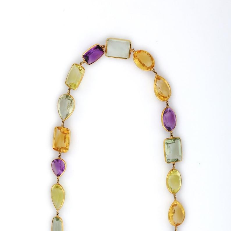 Multi-Gemstone Necklace in 18K Gold studded with mix cut semi precious gemstone. This stunning piece of jewelry instantly elevates a casual look or dressy outfit. 
Multi gemstones are used for calming tempers, protecting energy and attracts